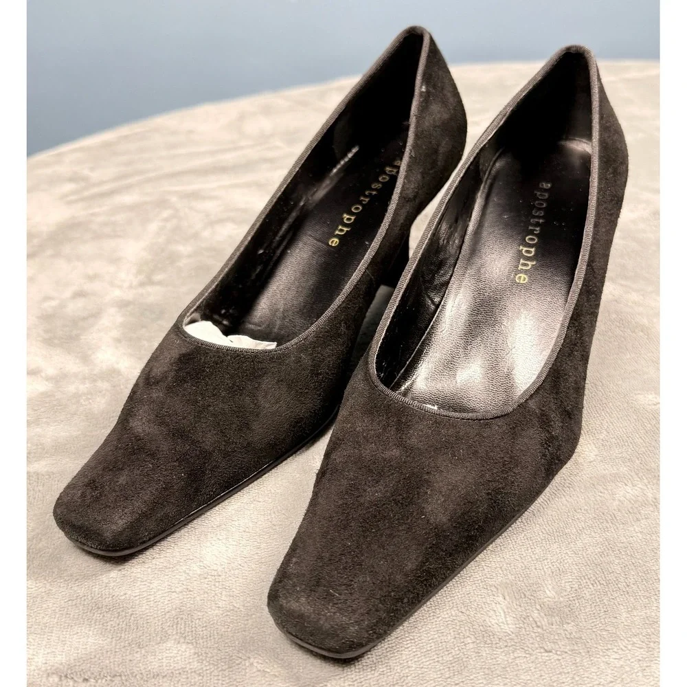 Apostrophe Womens Pumps 7.5 M Black Suede Square Toe Kitten Heel
